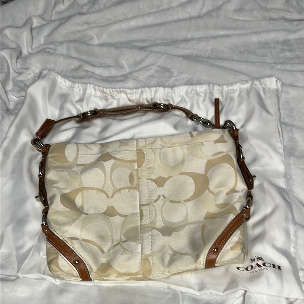 Coach Cream and Tan Shoulder Bag with Leather Accents